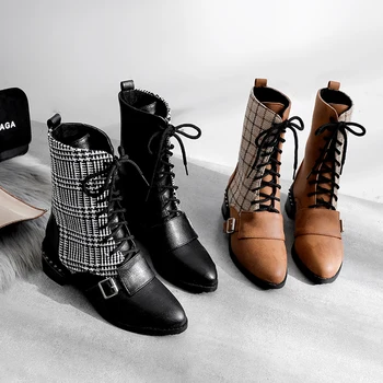 

Maxmuxun Women New Martin Boots Plus size 44 Autumn And Winter Plaid Stitching Retro Thick Boots Fashion Lace Women's Shose