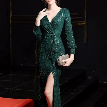 

Women Long Sleeves Sequins Evening Party Dress Ladies Deep V Neck Sexy Bodycon Maxi Dress Front Split Robe Femme Vestidos
