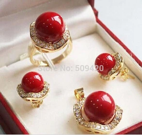 

free shipping >>>>>10mm &14mm Coral Red South sea Shell Pearl Earrings Ring Necklace Pendant Set