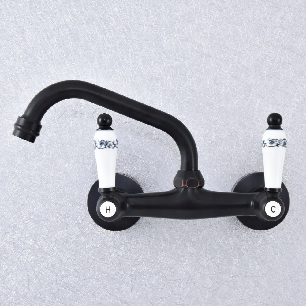 

Kitchen Wet Bar Bathroom Vessel Sink Faucet Black Oil Rubbed Brass Wall Mounted Swivel Spout Mixer Tap Dual Ceramic Lever msf759