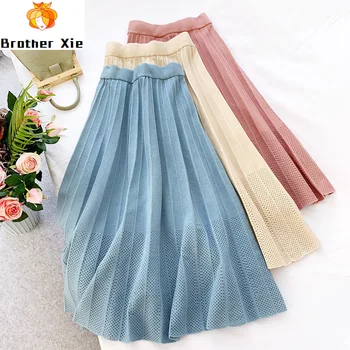 

Waist High 2020 Knitted Hollow Out Crochet Women Winter A-Line Pleated Skirt Fashion Women Long Skirt Faldas Jupe Femme Saia