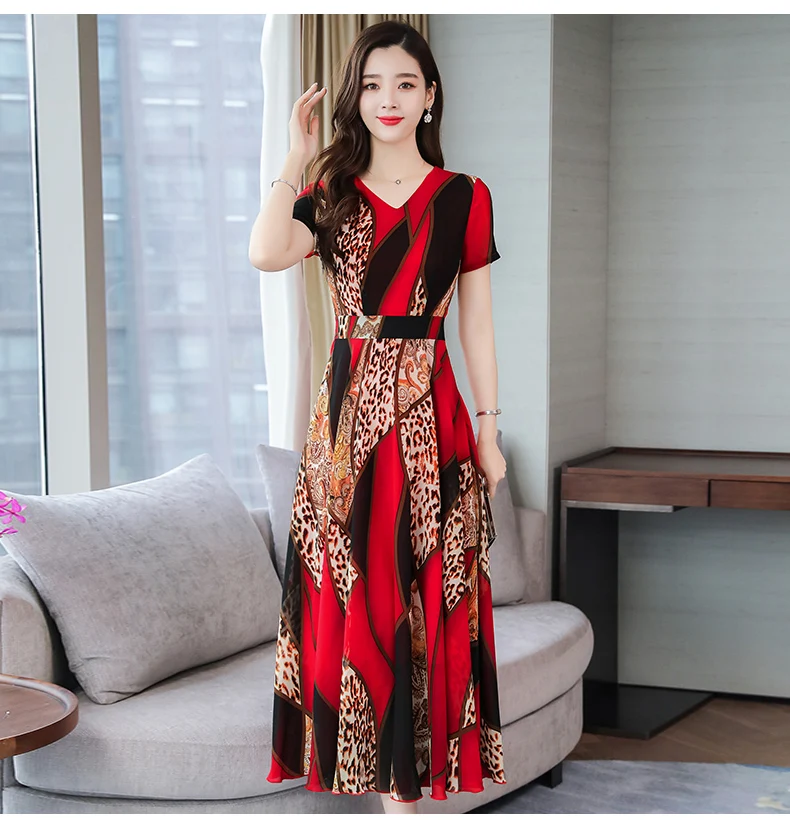 Summer New Arrival Bohemian Style S-3XL V Collar Short Sleeve Flower Printed Woman Chiffon Long Dress AQ226