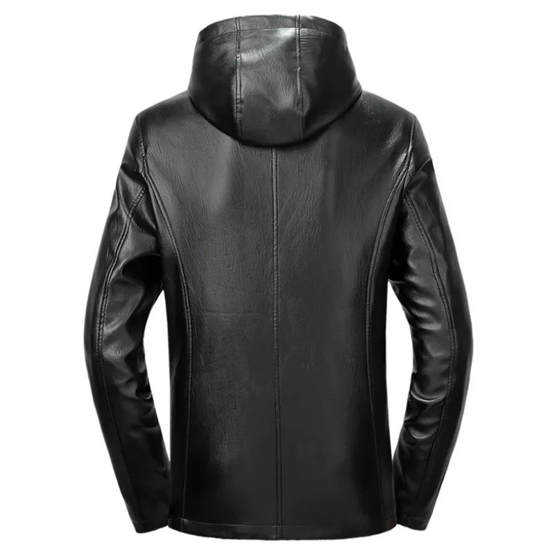 Autumn and winter new men's plus velvet hooded leather men's fur one leather jacket business casual motorcycle leather