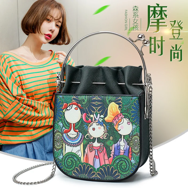 

2019 New Style WOMEN'S Bag Drawstring Lock Forest GIRL'S Clip Mouth Shoulder Oblique Carrying Chain Bag