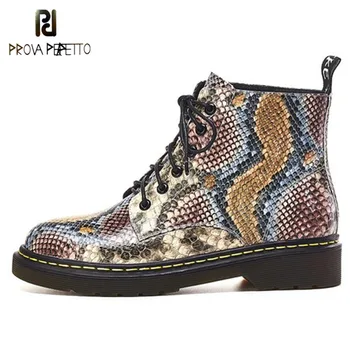 

Prova Perfetto Snake Print Ankle Boots Square heel Fashion Round Toe Ladies Sexy shoes 2019 New Chelsea Boots Flat Bota Feminina