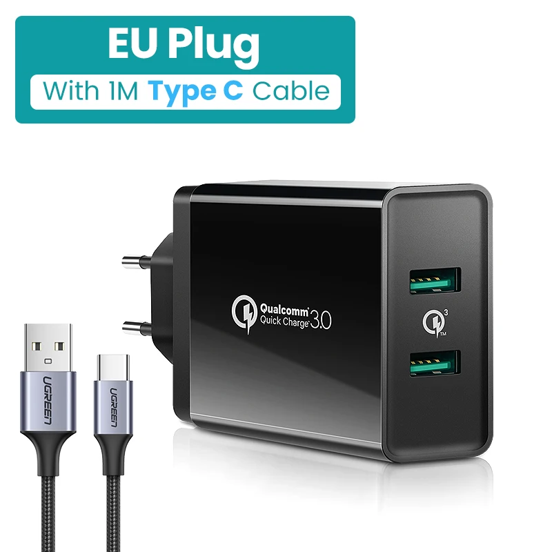 EU With 1M Type C Ugreen быстрое зарядное устройство quick charge 3,0 QC 36 Вт USB зарядное устройство для iPhone QC3.0 настенное зарядное устройство для samsung s10 Xiaomi Mi 9 зарядное устройство для телефона - Тип штекера: EU With 1M Type C