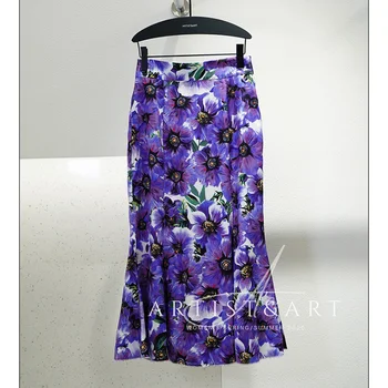 

Svoryxiu Runway Custom Summer Violet Flower Print Mermaid Skirt Women's Elegant High Waist Smooth Comfortable Midi Skirt
