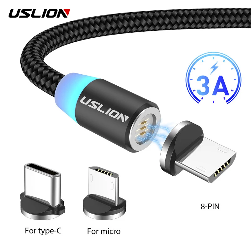 Магнитный кабель для быстрой зарядки USLION 3A Micro USB Type c C телефонов iPhone XS Samsung S10 Huawei