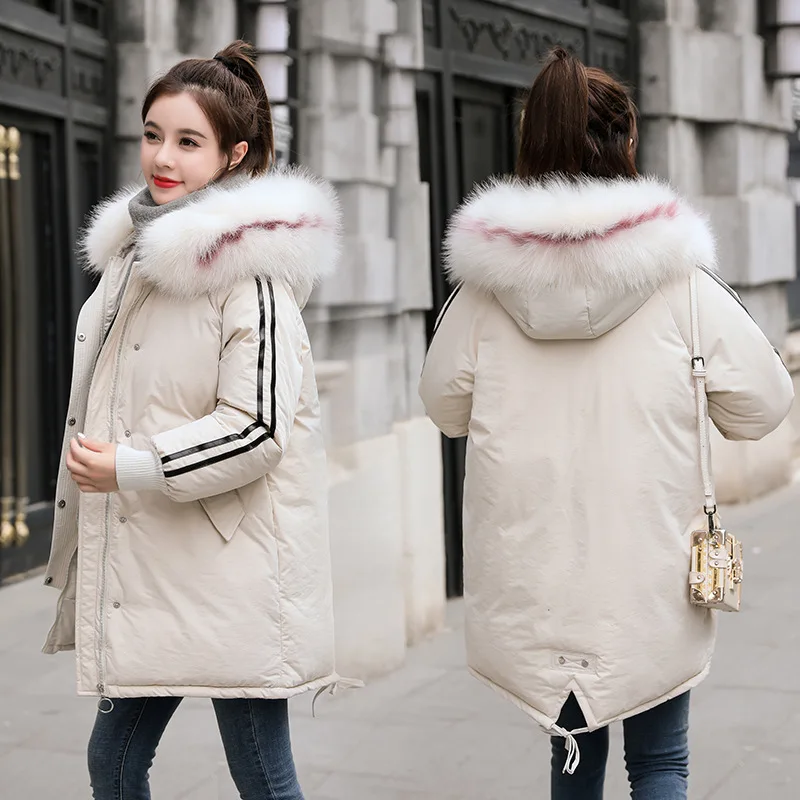 

331 # According Nalini 2019 Winter New Style Korean-style down Jacket Women's Mid-length Stripes Large Fur Collar Cotton Coat Hu