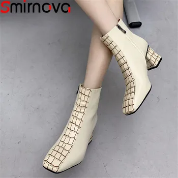

Smirnova 2020 Genuine leather boots ladies shoes thick high heels square toe mixed colors ankle boots for woman black