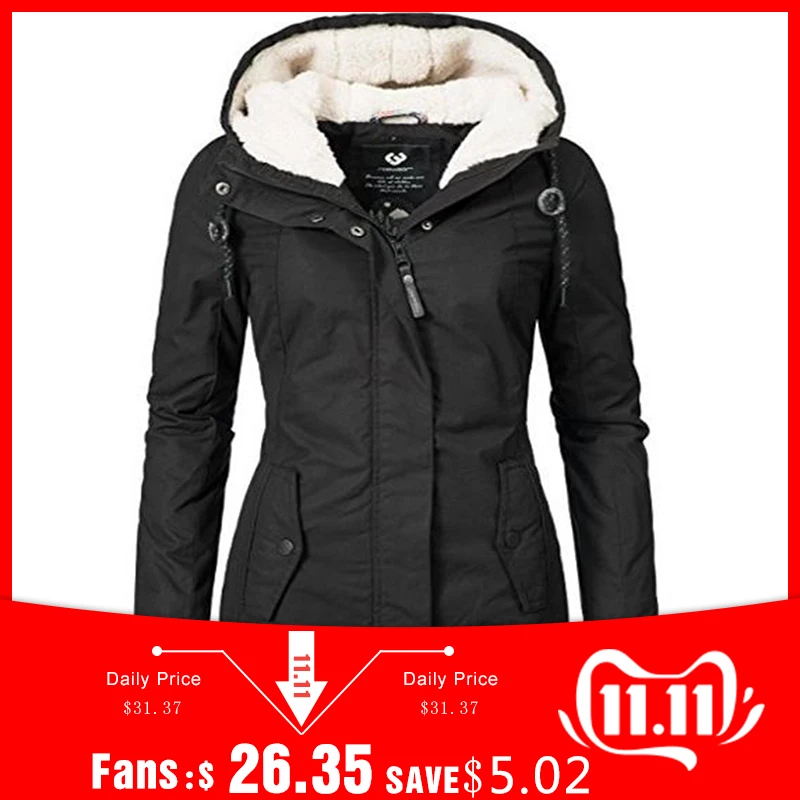 

Black Cotton Coats Women Casual Hooded Jacket Coat Fashion Simple High Street Slim 2018 Winter Warm Thicken Basic Tops Female