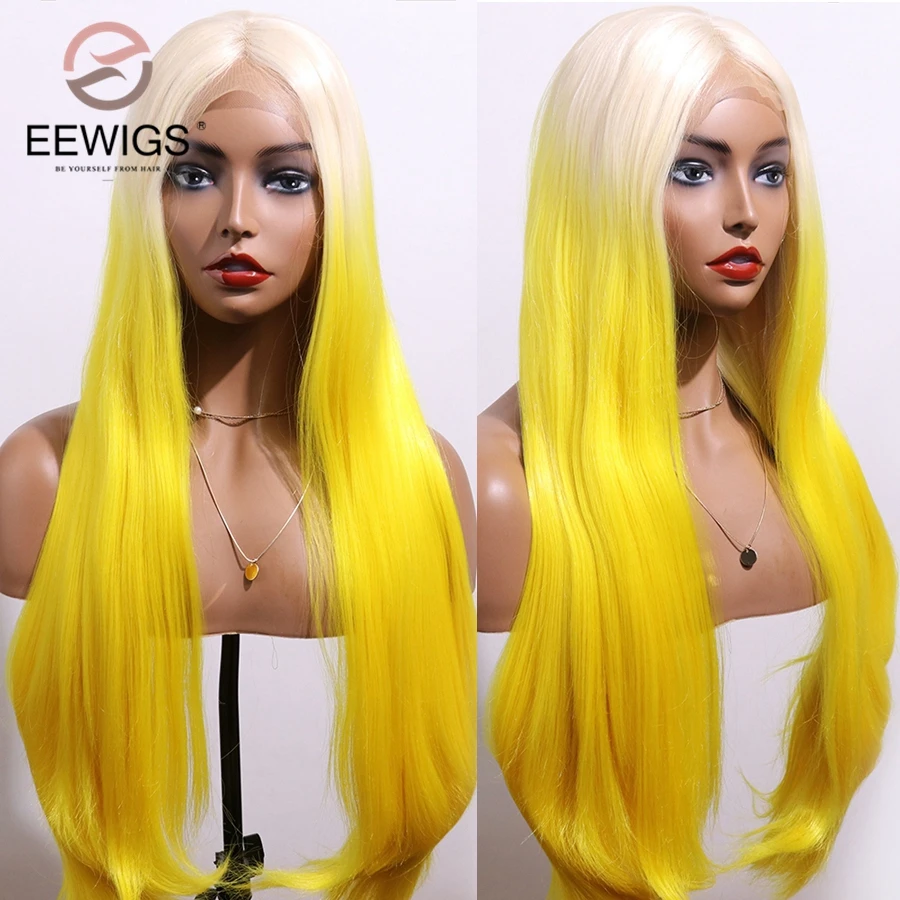 EEWIGS Glueless желтый блонд парик фронта шнурка Синтетический прямой Омбре