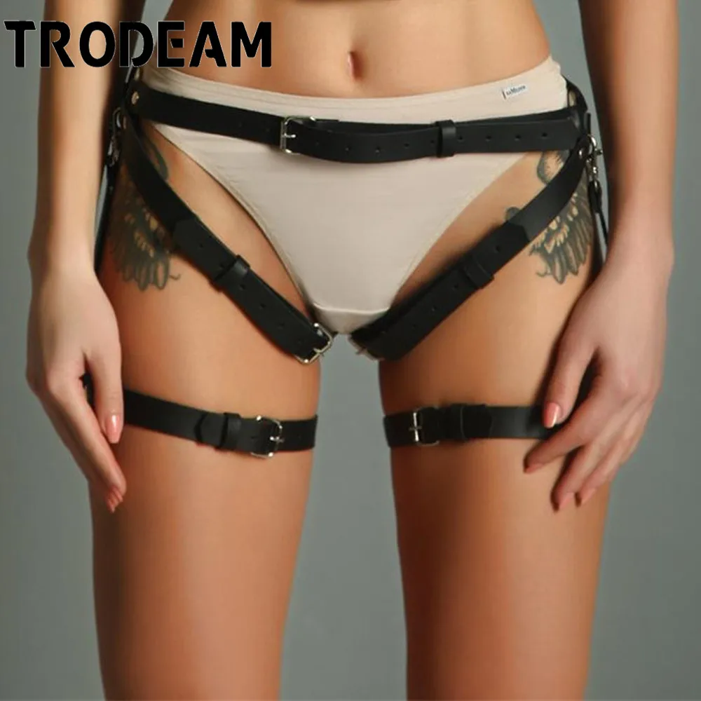 

TRODEAM Leather Suspenders For Women Stocking Belt Set Thigh Harness High Waist Garter Band Leg Straps Fetish Wear Goth Lingerie