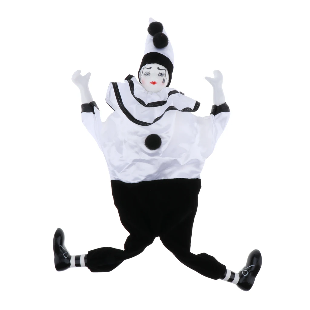 38cm Vintage Porcelain Clown Doll, Hand Painted Harlequin Doll Home Office Display Decoration 