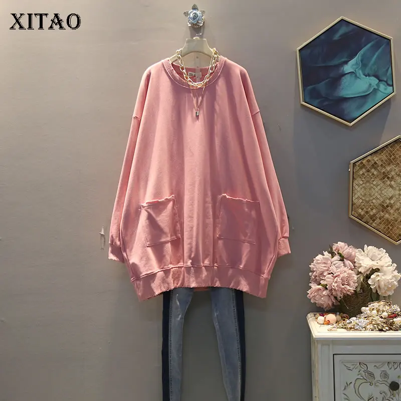 Женская футболка с длинным рукавом XITAO Однотонная в Корейском стиле для отдыха