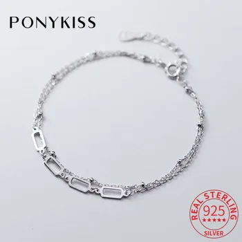 

PONYKISS Trendy S925 Sterling Silver Square Double Layer Minimlist Bracelets Women Party Delicate fine Jewelry Accessory Gift