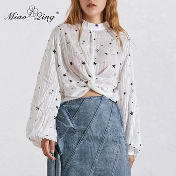 

MIAOQING Summer print star see-through shirt for women's print O collar lanternsleevetopforwomen'stop2019fashionnewKoreanversion