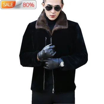 

Pure Natural Luxury Mink Collar Coat Men Real Sheep Shearling Fur Jackets XJL-7006 ND745
