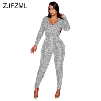 

Sequins Spliced Sexy Bandage Jumpsuit Women Long Sleeve Belt Skinny Jumpsuits Party Clubwear V Neck One Piece Plus Size Rompers
