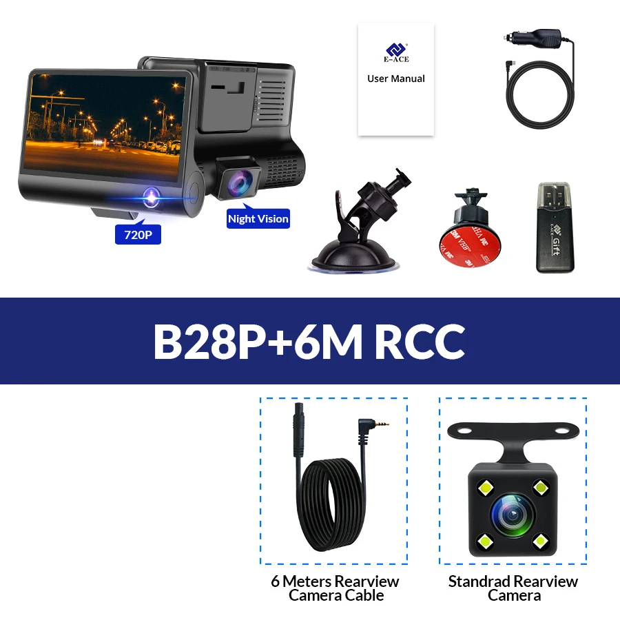 E-ACE B28 HD 1080P Dual Lens Car Dash Cam with 24H Video Monitoring Support