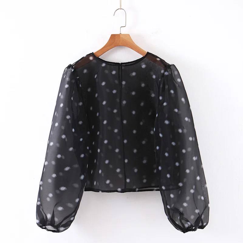 

RR Perspective Printed Tshirts Women Fashion Loose O Neck Tops Women Elegant Lantern Sleeve Tees Female Ladies LD
