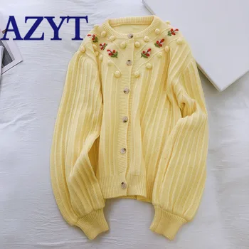 

AZYT 2020 Autumn New Sweater Female Cardigan Jacket 3D Plush Ball Floral Embroidery Knitted Cardigan O Neck Women Sweater Coat