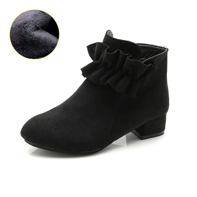 Children Girls Suede Plush Lining Ankle Boots Kids Fashion Low-heeled Boots Autumn Winter Children Shoes Size 27-37 - Цвет: Black Plush Lining