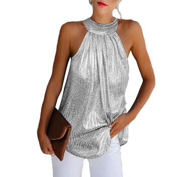 

Hot Selling 2019 European And American Fashion Silver Halter Zip Sleeveless T-shirt Casual Top Ap0041