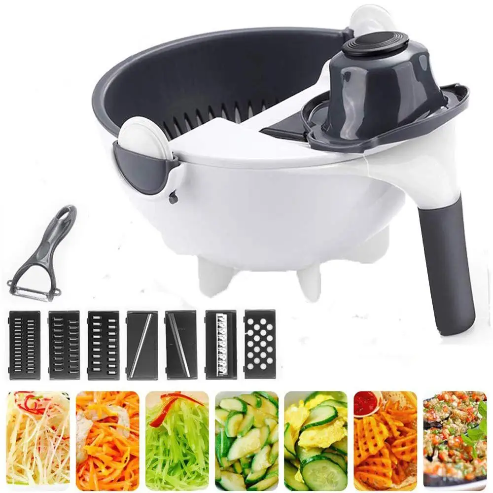 

New Upgrade 9 in 1 Multifunction Vegetable Cutter with Drain Basket Magic Rotate Vegetable Cutter Portable Slicer Chopper Grater