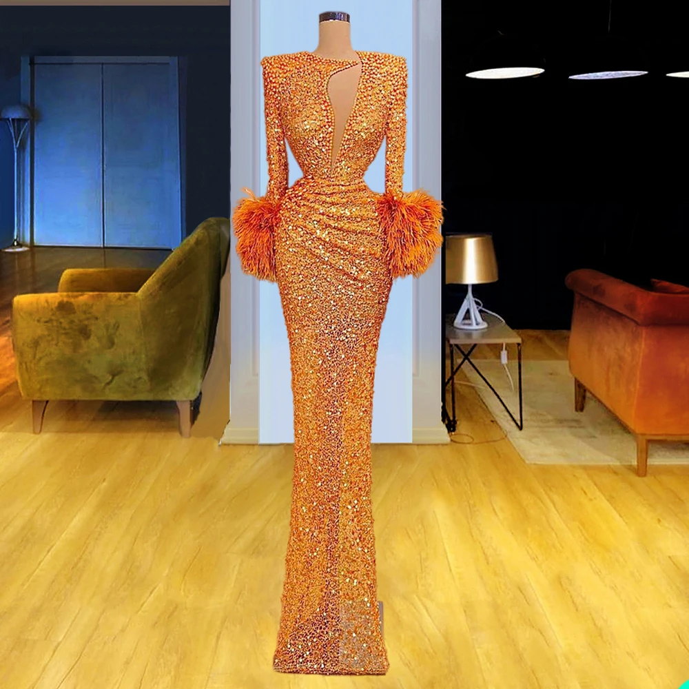

Pearls Feather Mermaid Prom Dresses Orange Long Sleeves Sequins Evening Dress Custom Made Floor Length Party Gown