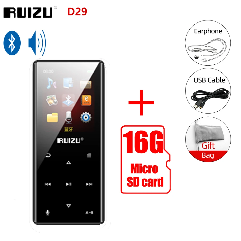 RUIZU D29 Bluetooth MP3 Player Portable Audio 8GB Music Player With Built-in Speaker Support FM,Recording,E-Book,Clock,Pedometer 