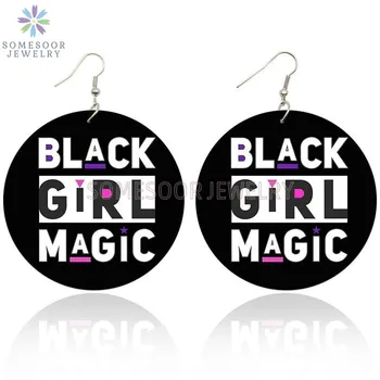 

SOMESOOR Black Girl Magic African Wooden Drop Earrings Melanin Sayings Art Painted Wood Pendant Dangle Jewelry For Women Gifts
