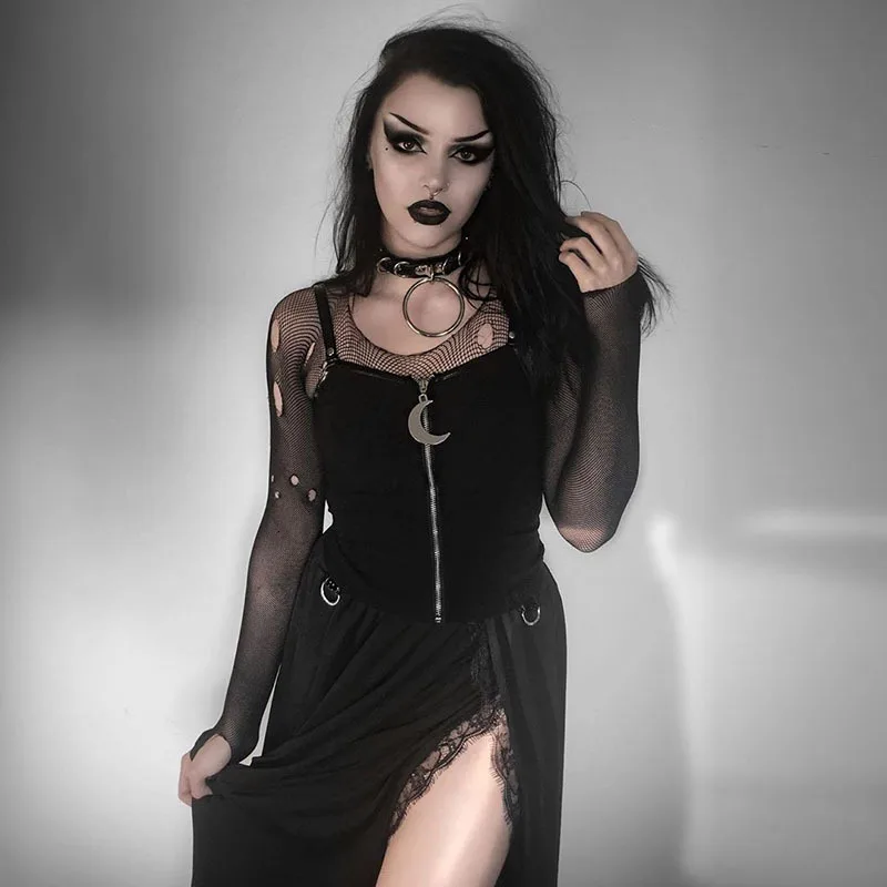 

JIEZuoFang Top Camis Women Sexy Bodycon Top Gothic Punk Moom Zipper Black Camis Female Tank Tops Streetwear Hip Hop Camis Top