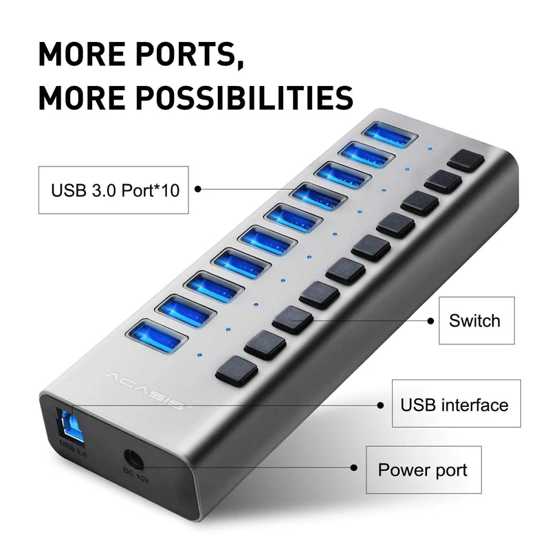 Концентратор Usb 3,0, 10 портов, разветвитель для ноутбука Macbook, ПК, разветвитель для быстрой зарядки, внешний адаптер питания 12v4a для телефона, планшета
