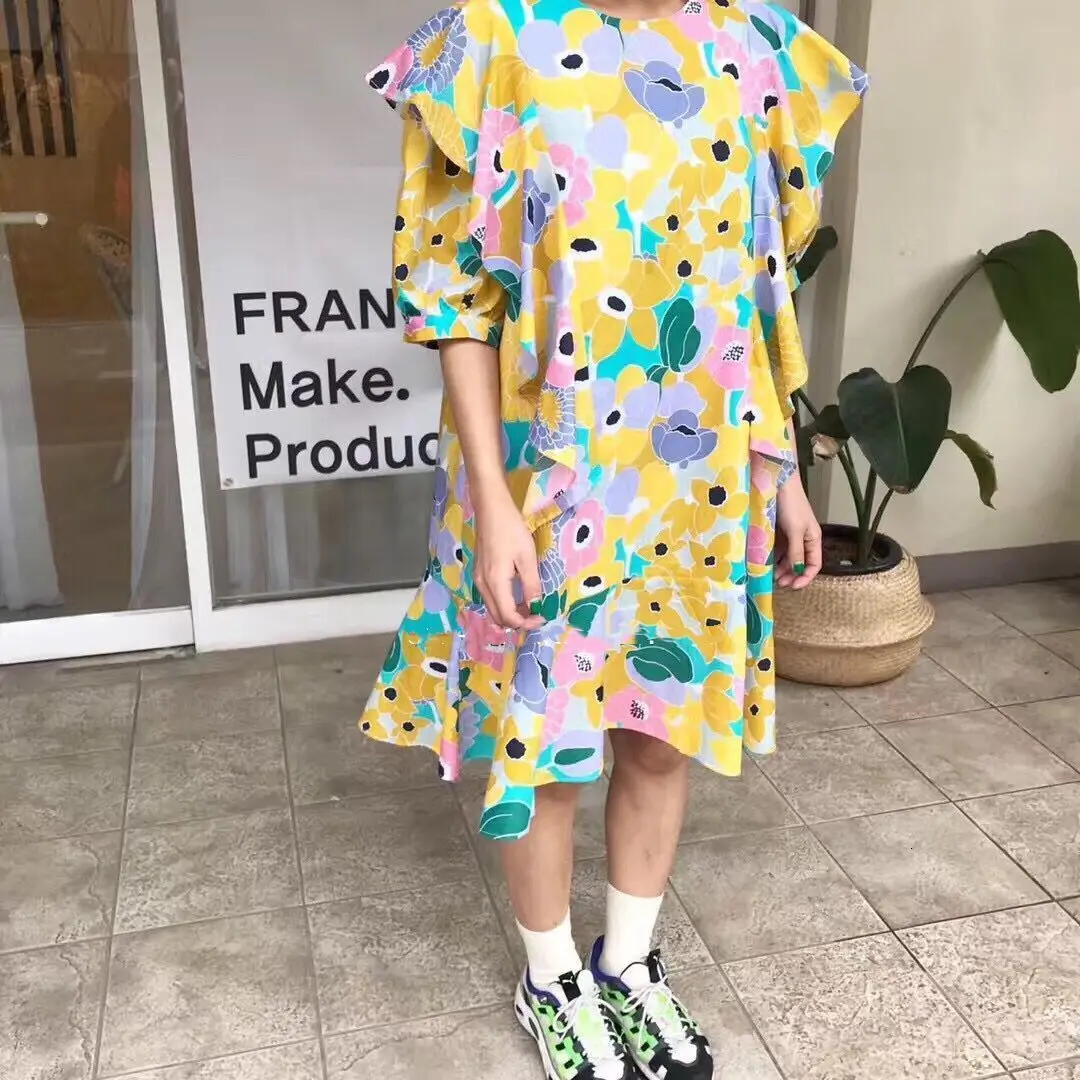 yellow Корейское платье с цветочным принтом, круглым воротником и пышными рукавами, Новое поступление, летнее весеннее винтажное свободное женское платье B751 - Цвет: yellow