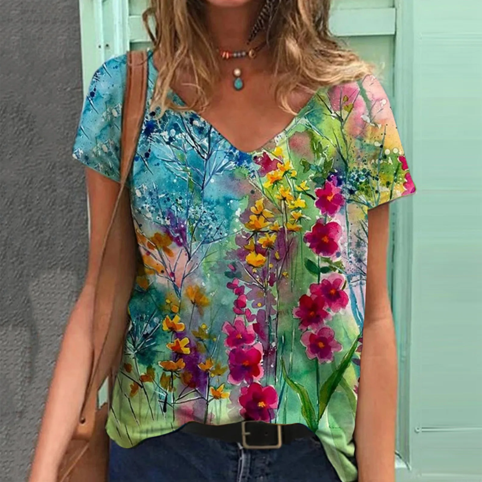 #40 Floral de las mujeres, T camisa de talla grande de manga corta camiseta impresa camiseta con escote en V manga corta Streetwear camiseta Женские Футболки
