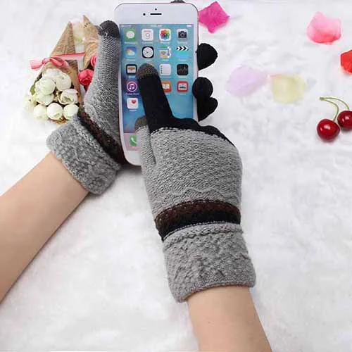 light gray Модные новые зимние женские перчатки, теплые перчатки, вязаные перчатки на весь палец, красочные теплые лоскутные перчатки Luvas - Цвет: light gray