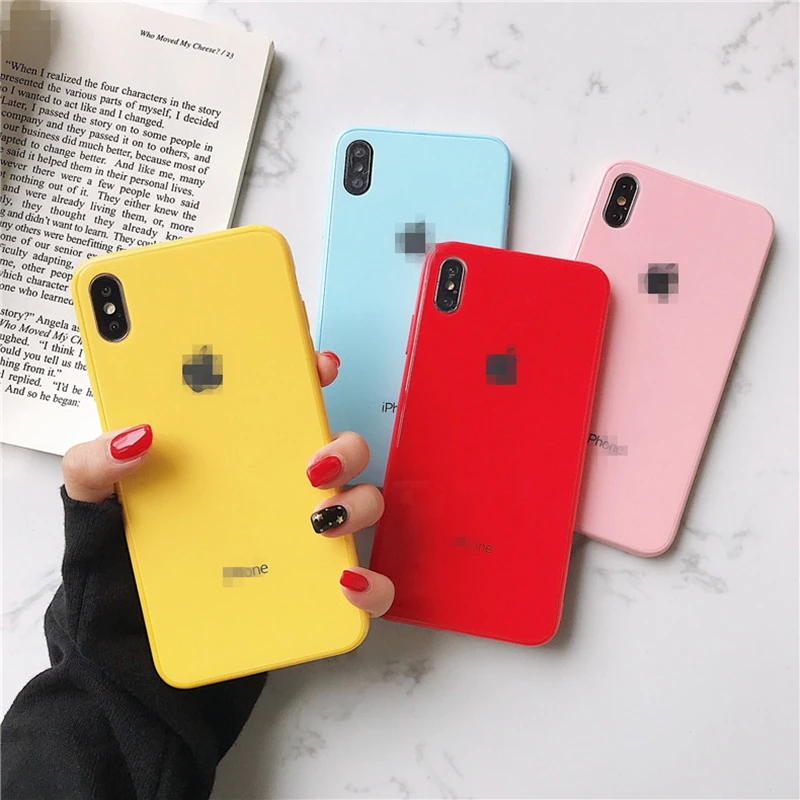 

Candy Color Tempered Glass Case For iPhone 8 7 6 6s Plus 10 11 Pro XS Max Xr X Soft Frame Cover For iPhone 7 Plus With Logo Case