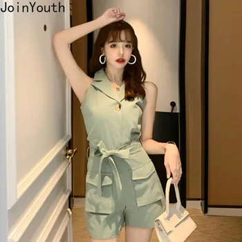 

Joinyouth Women Rompers 2020 Summer Sleeveless Notched Collar Playsuits Women Elegant Korean Sashes Sl;im Waist Bodysuits 58731
