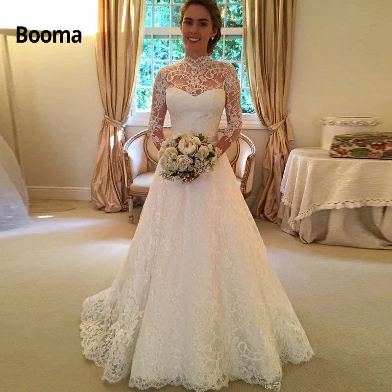 Booma элегантное кружевное свадебное платье с длинным рукавом стильное бальное платье сексуальное с открытой спиной с высоким воротом Свадебные платья размера плюс