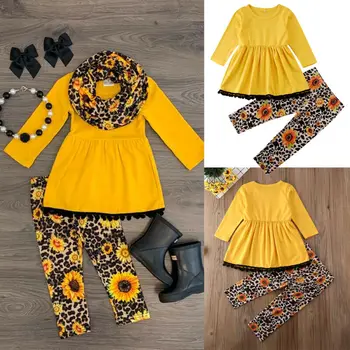 

CANIS Flower Kids Baby Girl Outfit Clothes Lace Patchwork T-shirt Top Dress+Floral Printed Long Pants Set