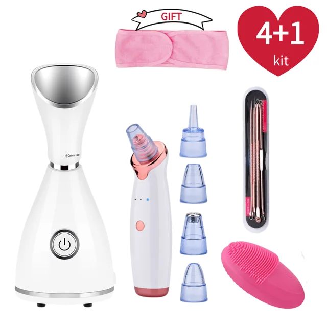 Nano Ionic Facial Vaporizer Hot Face Steamer Blackhead Remover Vacuum Skin Scrubber Silicone Face Cleaning Brush Skin Care Set