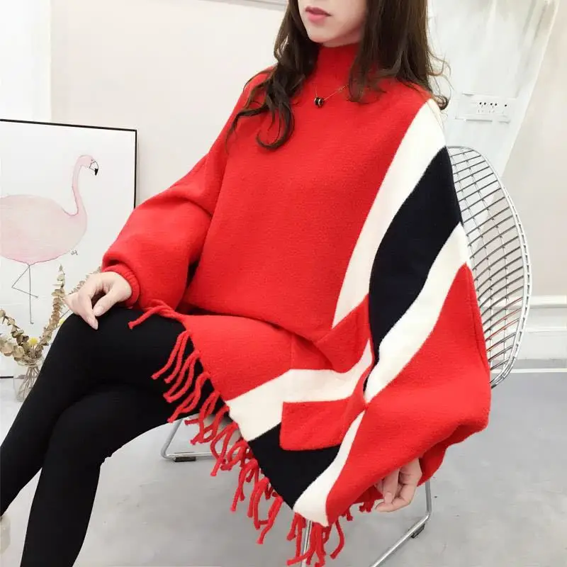 

2019 Autumn And Winter New Style Korean-style Imitation Mink High Collar Loose-Fit Mid-length Cloak Shawl Bat Sleeve Coat Sweate