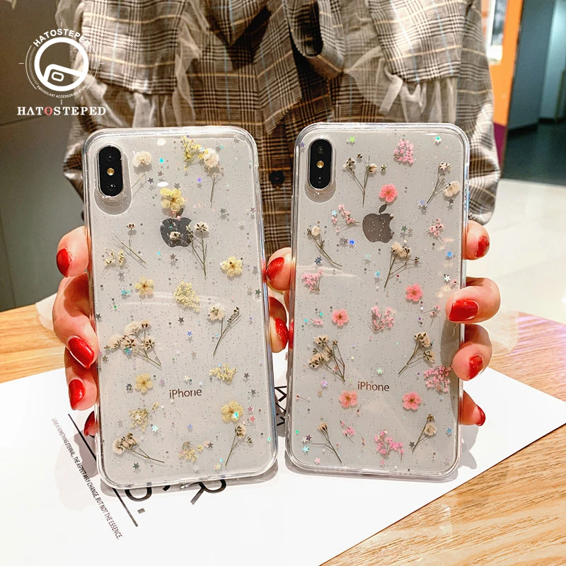 

For Iphone 11 Pro X 7 Real Flower Transparent Floral Phone Case For Iphone 11 Pro X Max XR XS 6 6s 7 8 Plus soft Silicone Cover