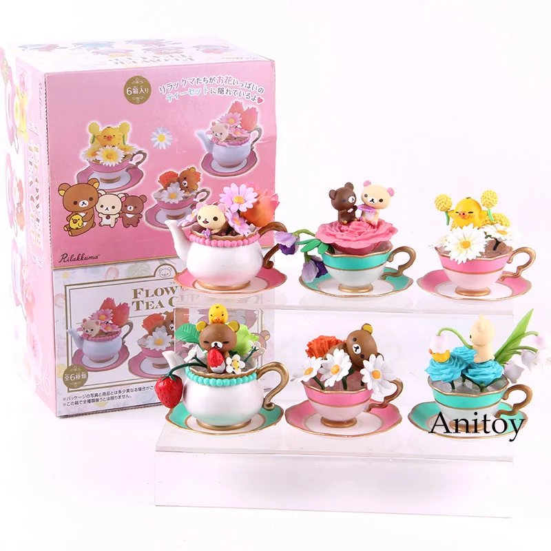 

Rilakkuma Bear Flower Tea Cup PVC Rilakkuma Action Figure Kawaii Cute Decoration Dolls Collectible Model Toy 6pcs/set