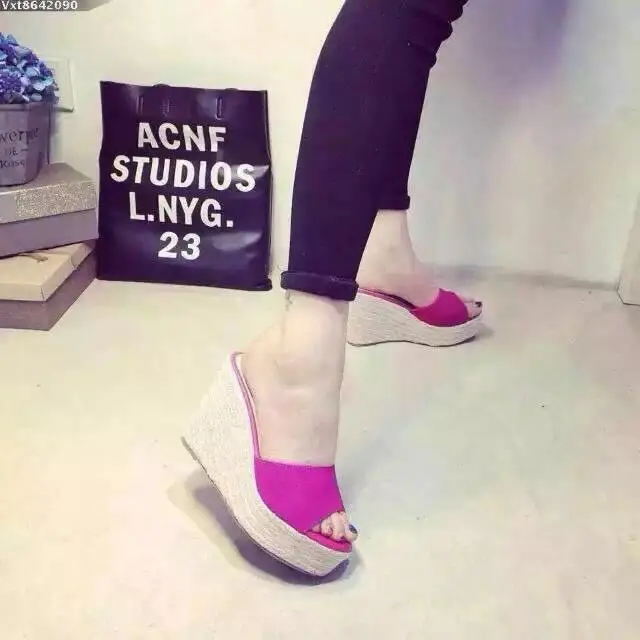 

2018 Classic Genuine Leather Sandals Slanted Heel Hemp Rope Leather Slippers