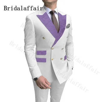 Bridalaffair Classic Burgundy Paisley Lapel Pockets Men Suits White Wedding Groom Suits Double Breasted Costume Homme 2 Piece 4