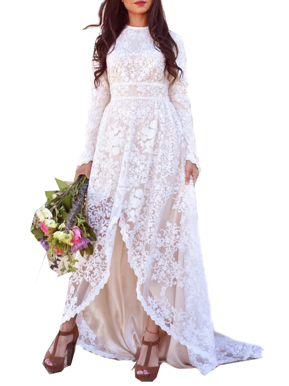 

ExcellentIvory Sexy Bohemian Lace Wedding Dresses Long Sleeves Backless High-Lows Sweep Train Beach Wedding Dress Robe De Mariee