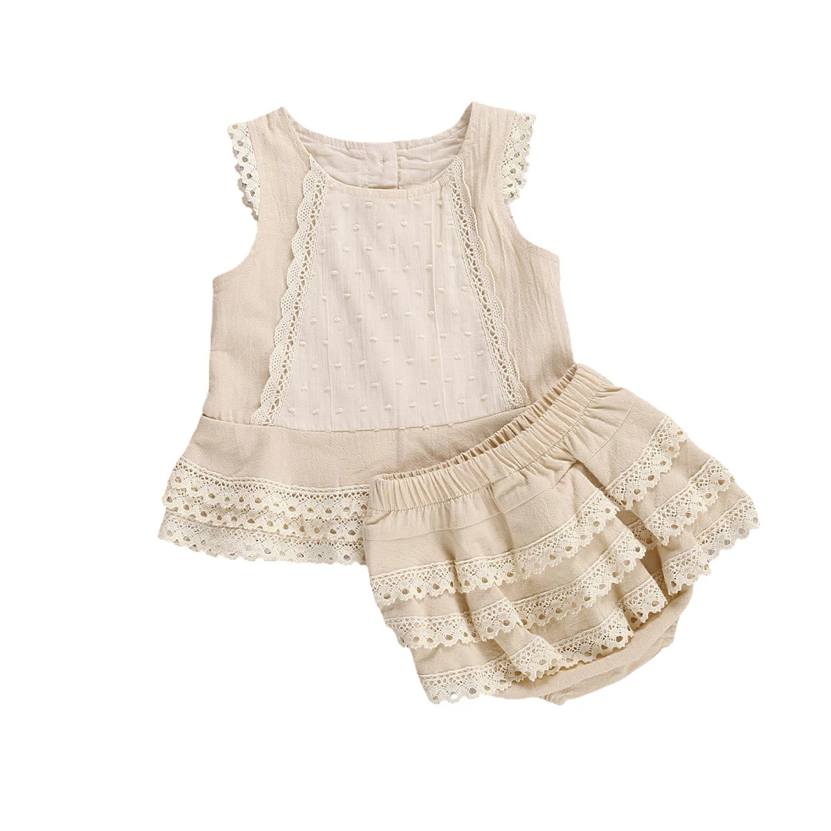 1-4Years Summer Suit Sleeveless Lace Vest Top Layered Hem + Tiered Skirt Panty Outfit for Toddler Girl 6M-4Y | Детская одежда и