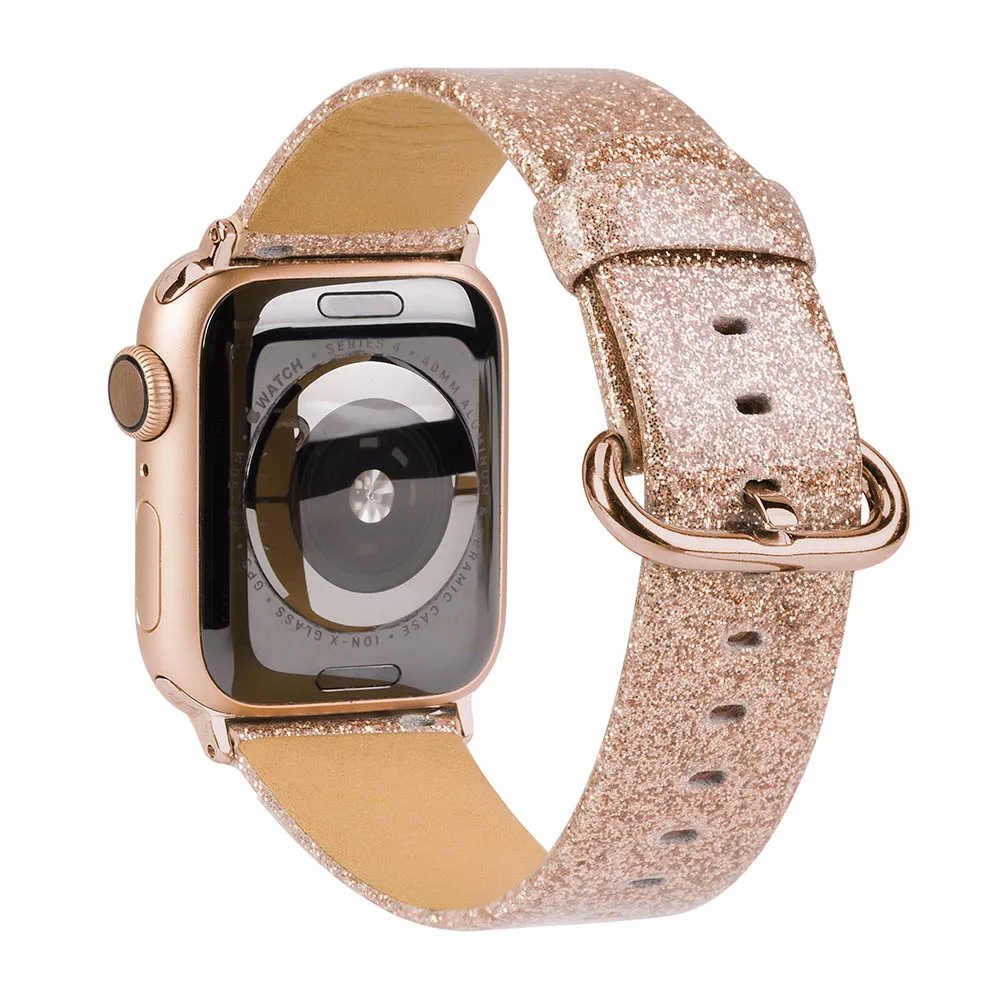 Кожаный ремешок для Apple Watch 38 мм 40 мм для женщин с блестящими бриллиантами 42 мм 44 мм настоящий Блестящий ремешок для iWatch серии 5 4 3 2 1 - Цвет ремешка: PGoldSri3
